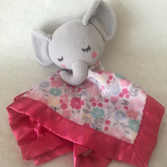 Parent's Choice: Baby Girl Elephant Pink/Gray Floral Satin Edge Security Blanket - Picture 4 of 7